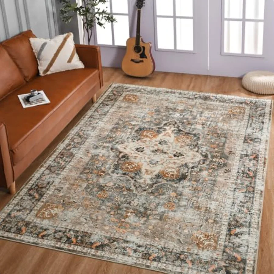 

Boho Washable Rug 5x7 Terracotta Non Slip Area Rug Distred Indoor Carpet for Living Room Bedroom Kitchen Office