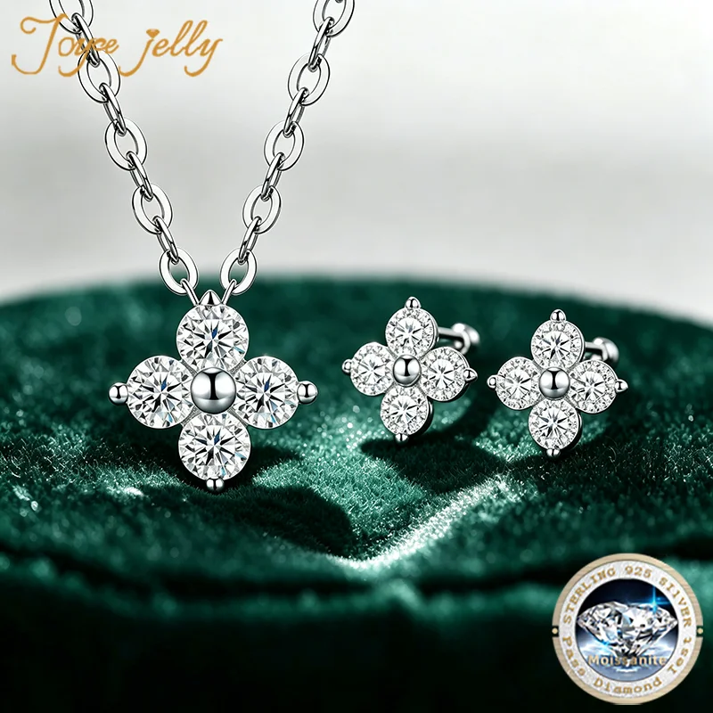 JoyceJelly 925 Sterling Silver Moissanite Necklace Earrings Jewelry Set For Women Four-Leaf Clover Pendant Collarbone Chain