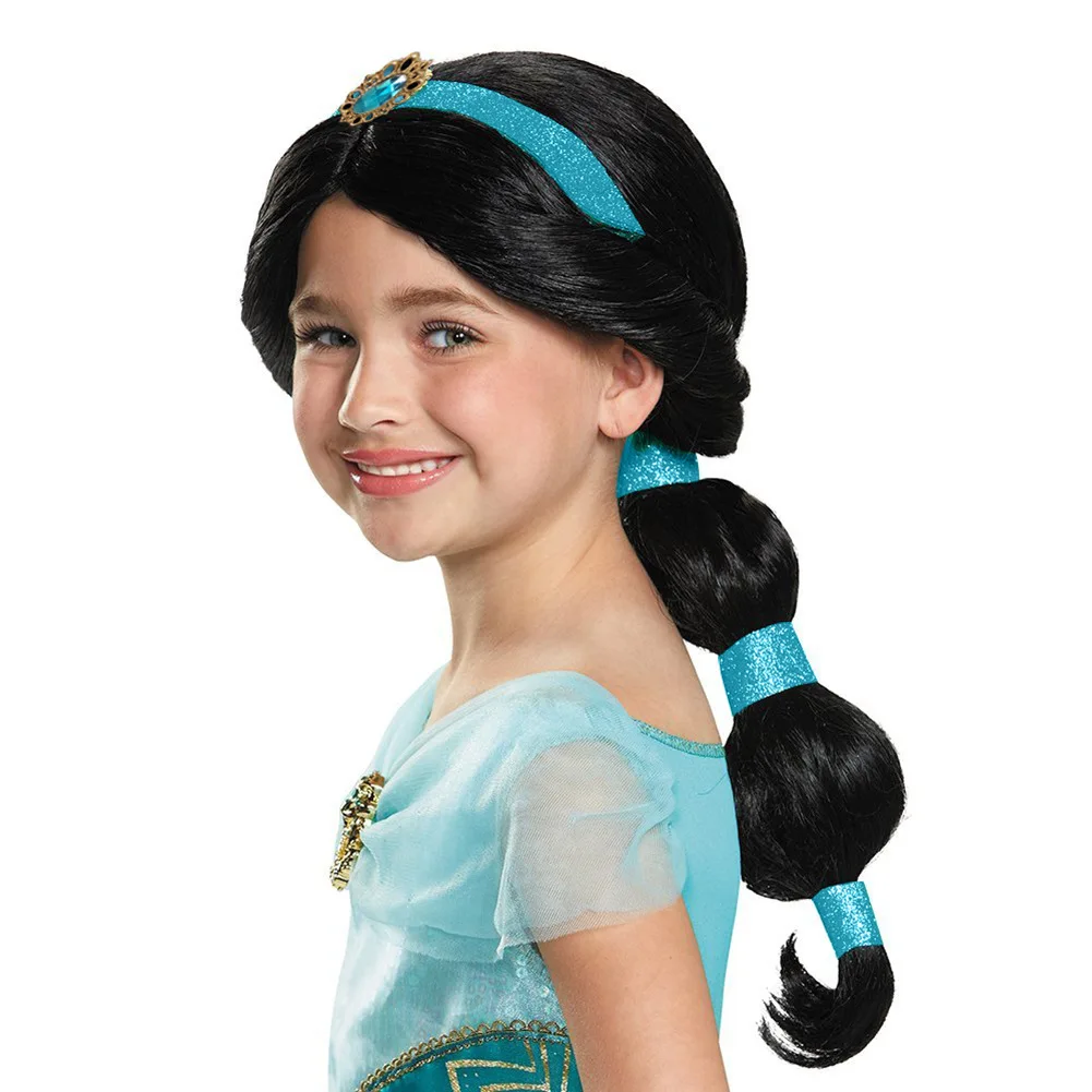 Lámpara de Aladdín de Halloween para niñas, peluca larga negra de princesa Jasmine, disfraz de unicornio para niños y mujeres