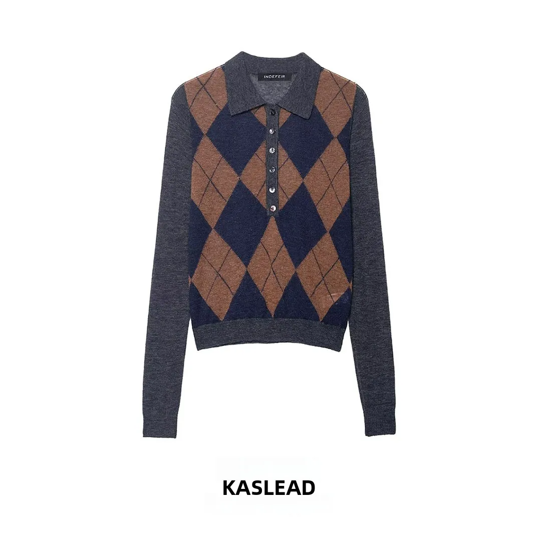 KASLEAD Neue Damen Faion Simple Diamond Gestrickte IRT Polyesterfaser Lange Sve Umlegekragen Knopfverschluss