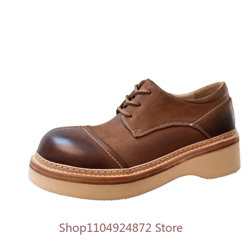 

Designer Luxury Thick Sole Cow Leather Men's Shoes Retro Work Lace Up Round Toe Genuine Leather Outdoor Casual High Quality