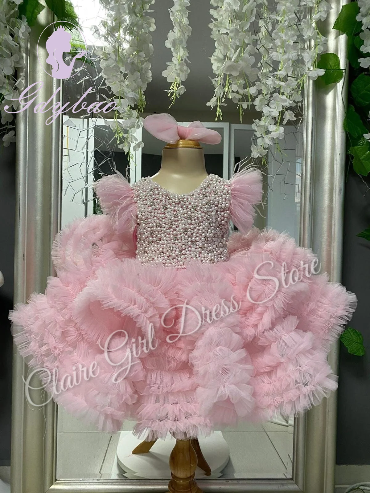 Customized Pink Flower Girl Dresses For Wedding Pearls Layered Feather With Bow Kids Birthday Party First Communion Ball Gown