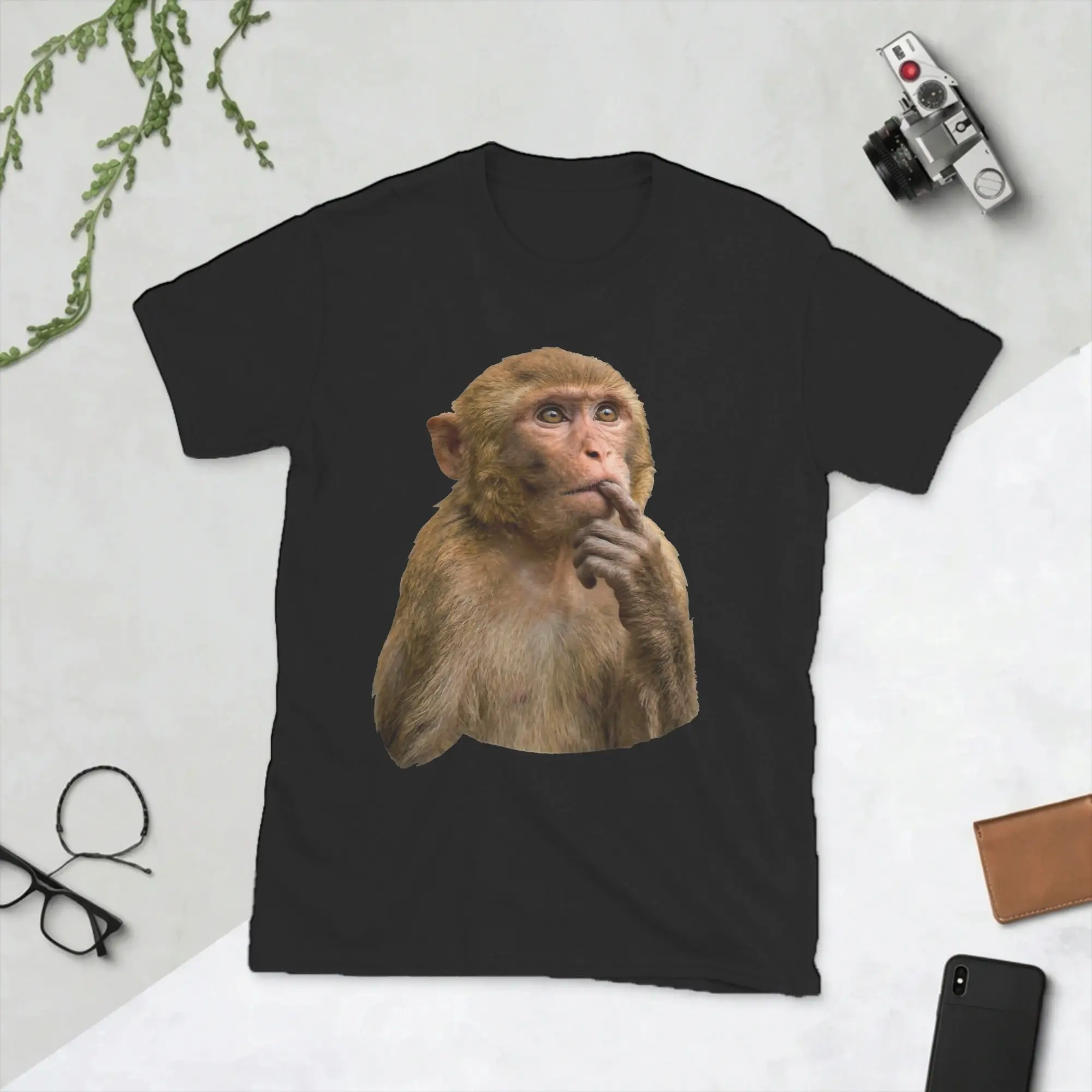 Thinking Monkey Funny Meme  Cute Thoughtful Men's T Shirts Tees Short Sleeve O Neck T-Shirts 100% Cotton Plus Size Clothes