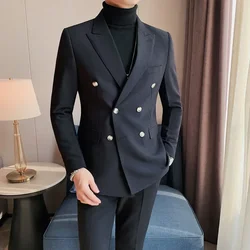 Autumn British Style Slim Fit Double Breasted Blazer Men 2024 New Business Casual Suit Coats Male Office Wedding