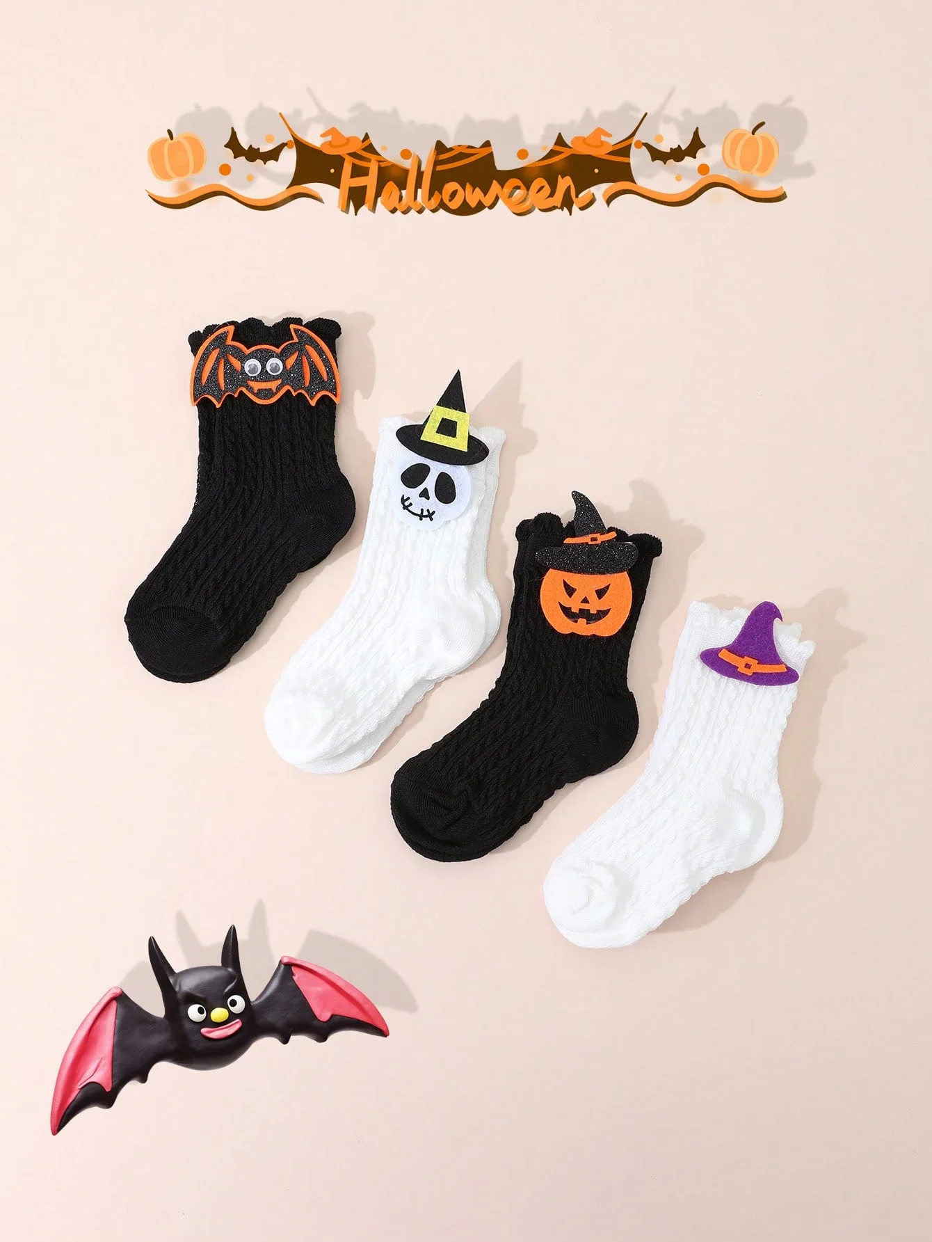 

4 Pairs Children Mid-Calf Socks with Halloween Cartoon Skull-Decorated, Suitable for 2-12 Years Girls and Boys Halloween Matching