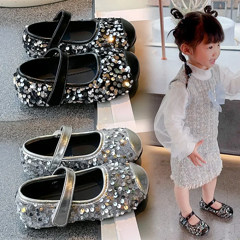 

Girls Mary Jane Flat Shoes with Glitter Kids Performance Dance Shoes Soft Sole 2024 New Girls Princess Leather Shoes for Party