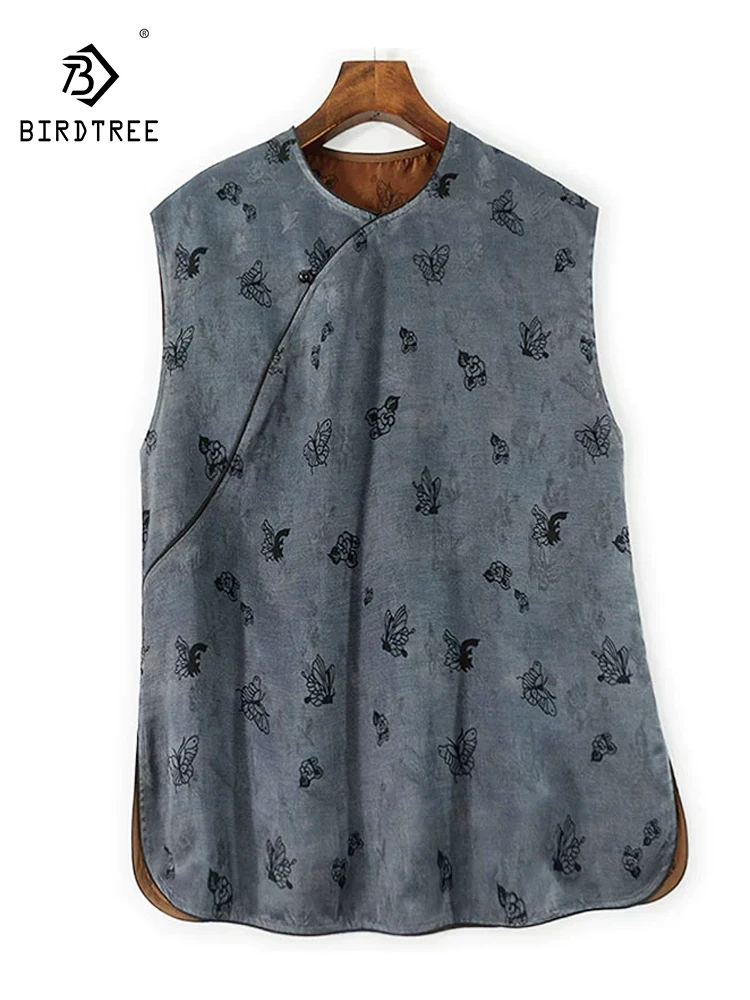 

BirdTree-35MM Silk Watered Gauze Elegant Vest, Women Stand Butterfly Jacquard, Retro Casual Loose Tank Top, 2025 Summer T56030CC