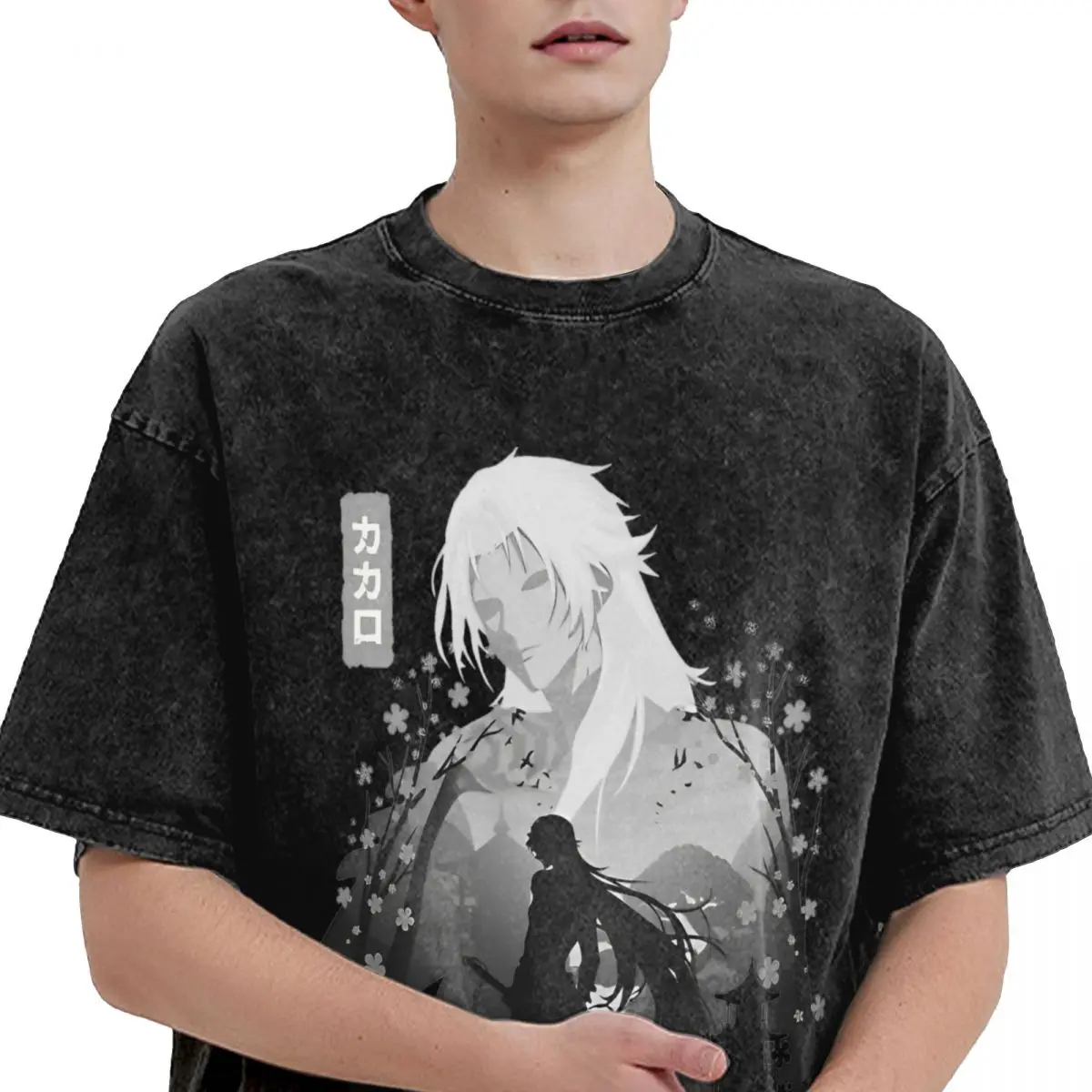 Calcharo Black Silhouette Wuthering Waves Game Washed T-Shirt Male Streetwear Cotton T Shirts Summer Tees Oversized Clothes