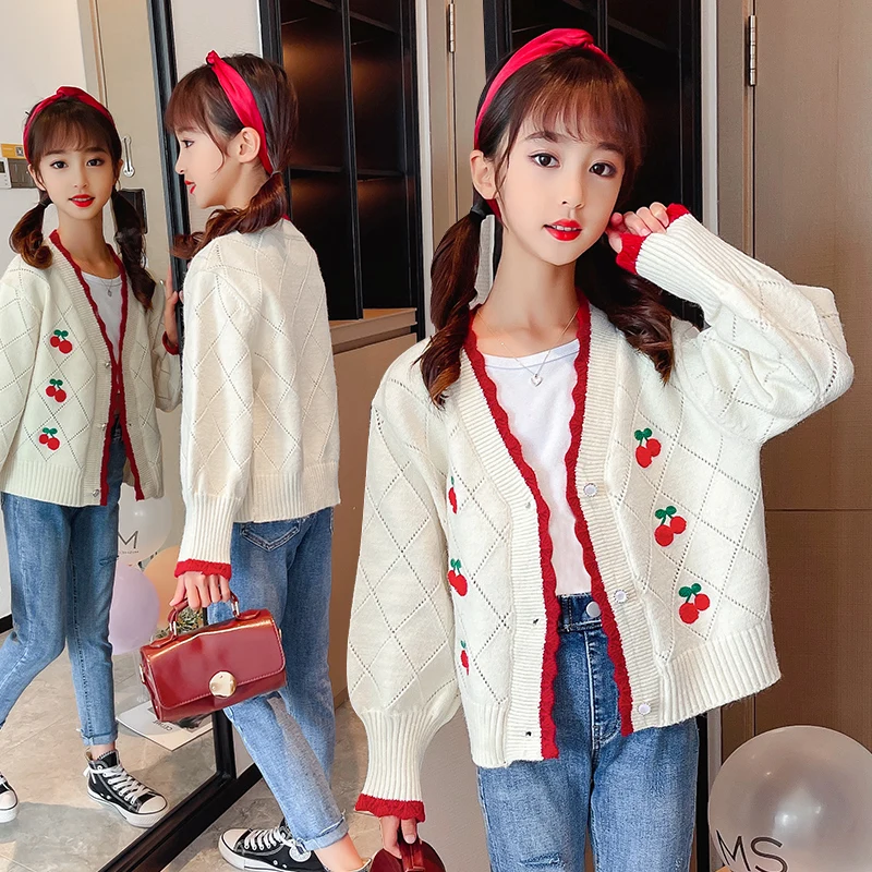 

Elegant Children New Spring Knitted Clothes Cardigan with Cherries for Tweens Girls Fancy Knitwear Fashion School Sweater 3-13 Y