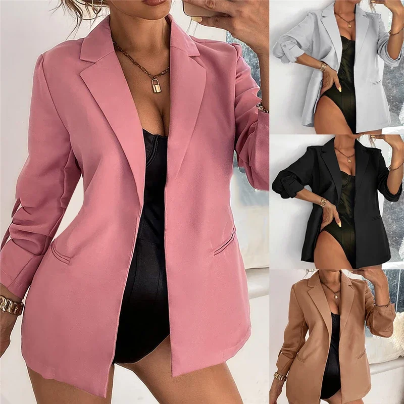 

Women Blazer Autumn Long Sleeve Cardigan Suit Jacket Solid Color Retro Button Blazers Career Coats Elegant Ladies Streetwear