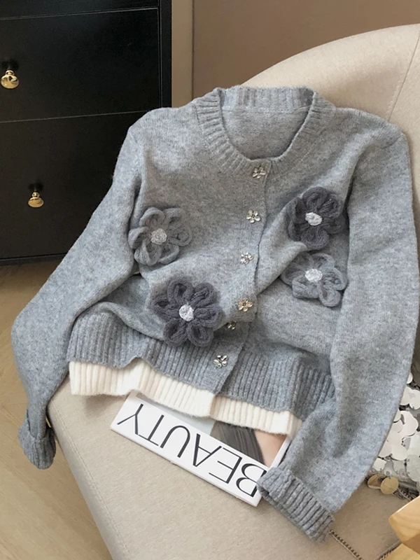 

Handmade Knitted Short Cardigan Women's Soft Cozy Grey Sweater Autumn Fashion Commute Style Straight Tube Long Sleeve round Neck