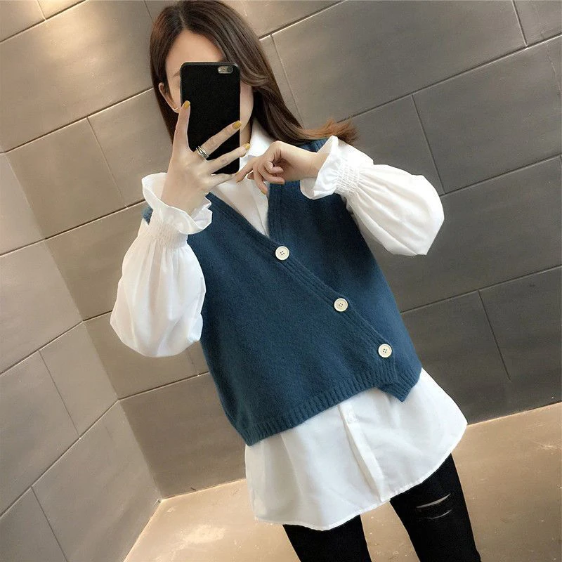 Spring Autumn Solid Color Sweater Vest White Shirt Set Ladies Loose Casual Buttons Tank Top Women Sleeveless Pullover Jumpers