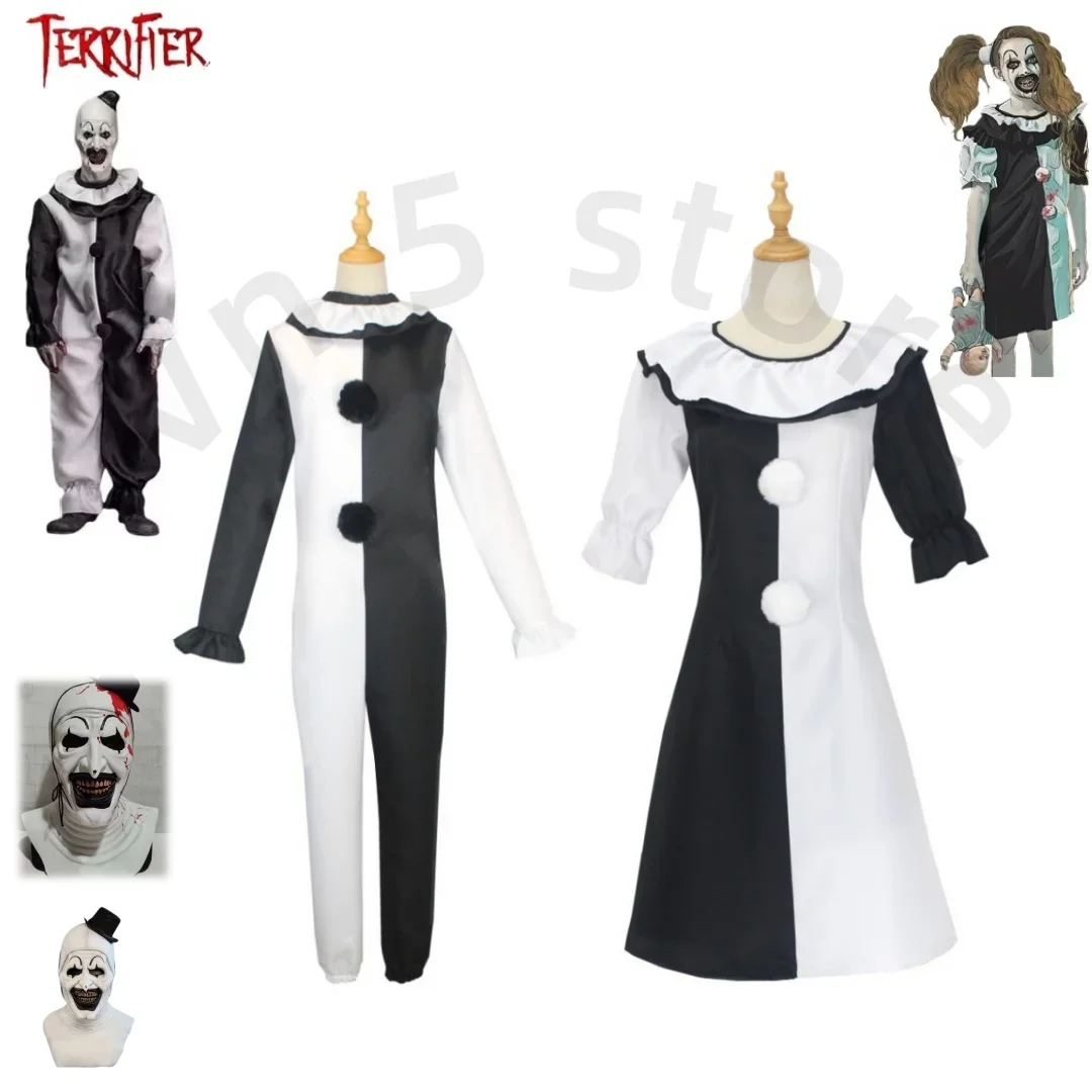 

Movie Terrifier Cosplay Costume Female/Male Horror Carnival Party Skin-Tight Black White Killer Clowns Jumpsuit for Halloween