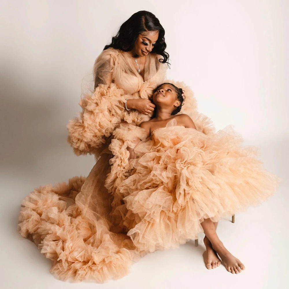 

Ruffles Maternity Robe Photography Dress Women Party Sleepwear Fashion Nightgown Robes Mom Daughter Dress Pregnant Tulle Gown
