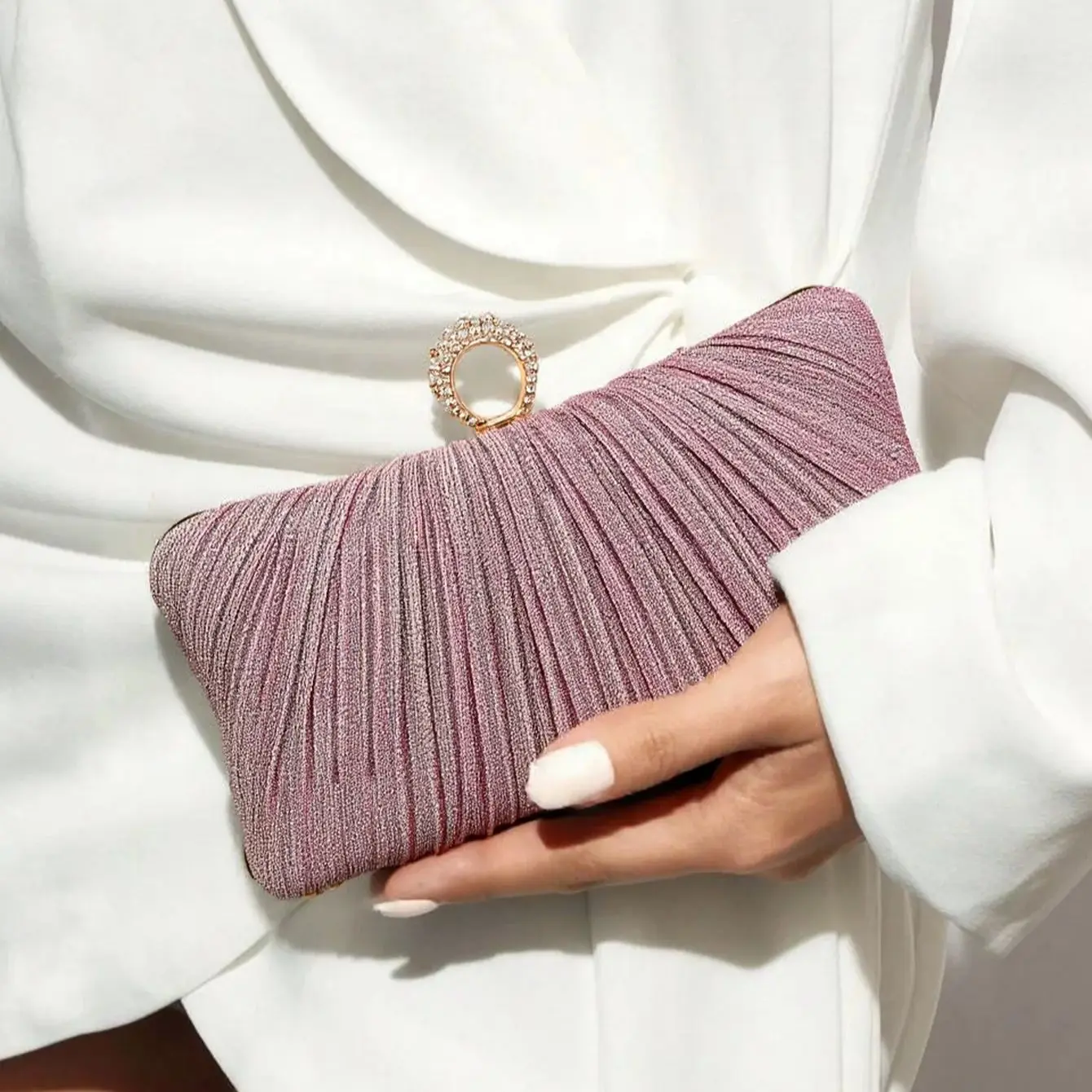 

Valentine's Day Evening Bags Finger Ring Diamonds Clutch Ruched Fashion Prom Dinner Handbags With Chain Purse