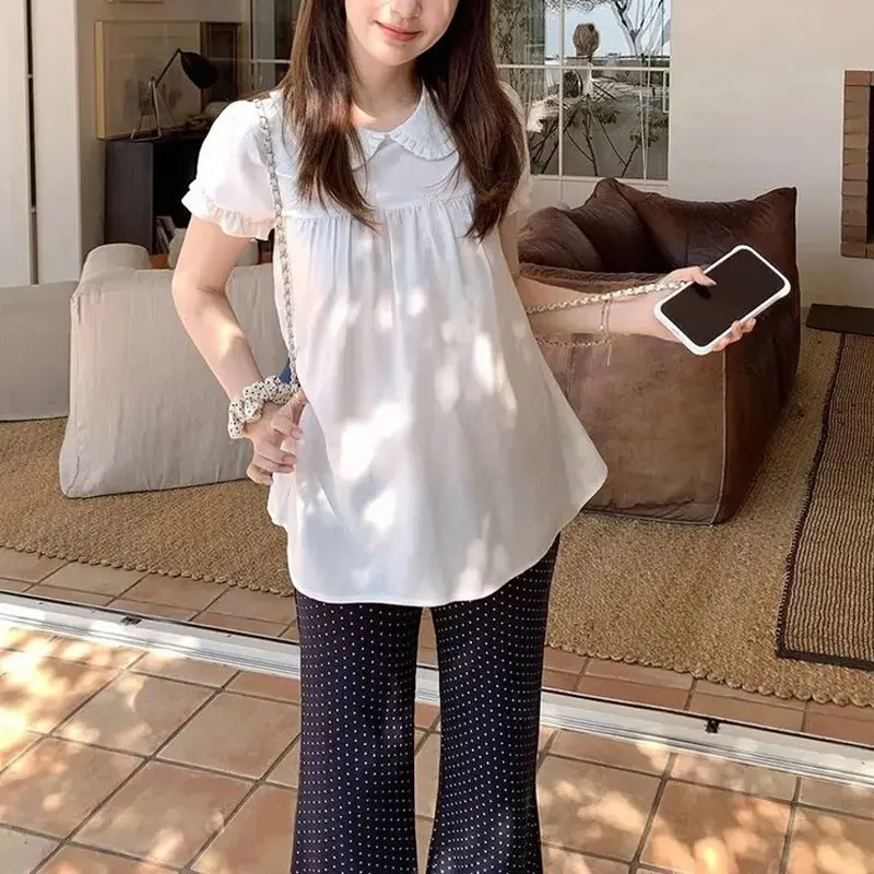 

Korean Sweet Peter Pan Collar Blouse Female Clothing Short Sleeve Summer Solid Color Fashion Folds Patchwork Basic Loose Shirts