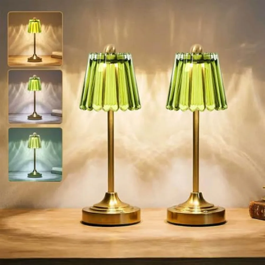

Set of 2 Small Vintage Rechargeable Cordless Table Lamp, Glass Shade, 3 Color Dimming, 5200mAh Battery Operated LED Touch Accen