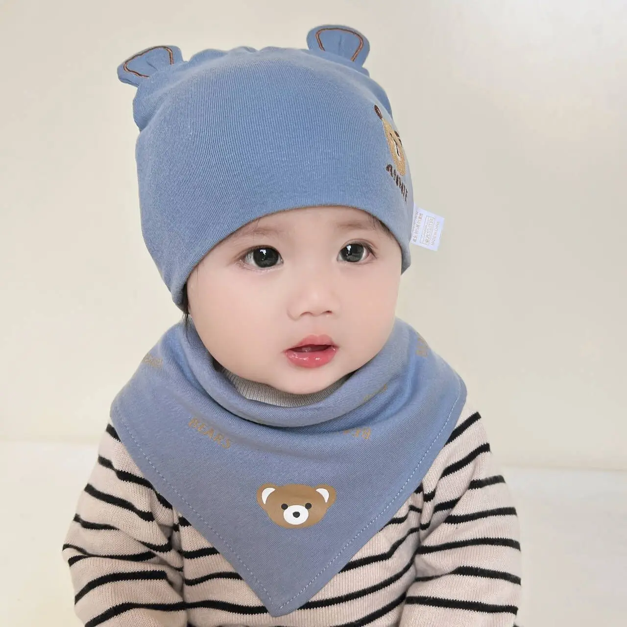 2pcs/set Eslatic headscarf double layer cotton baby caps&hats with baby bibs set for newborn infant Candy Color