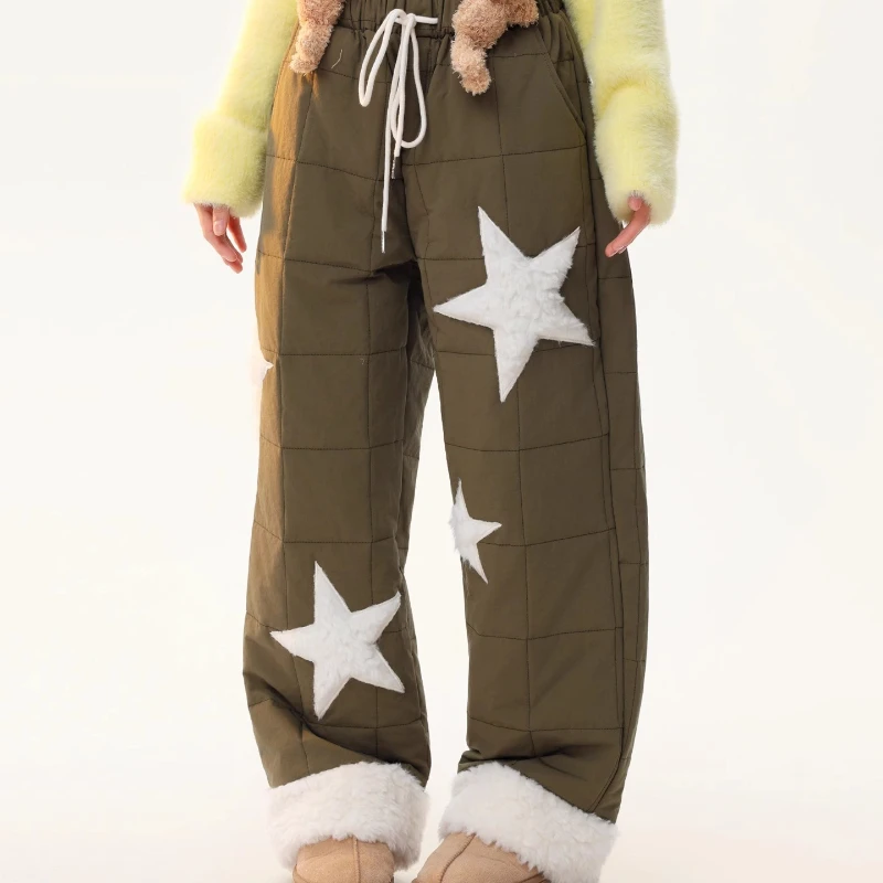 الأمريكية الرجعية رقيق الربط ستار التطريز المرأة سراويل قطنية 2025 شتاء جديد عالية الخصر عادية مستقيم بنطلون السيدات