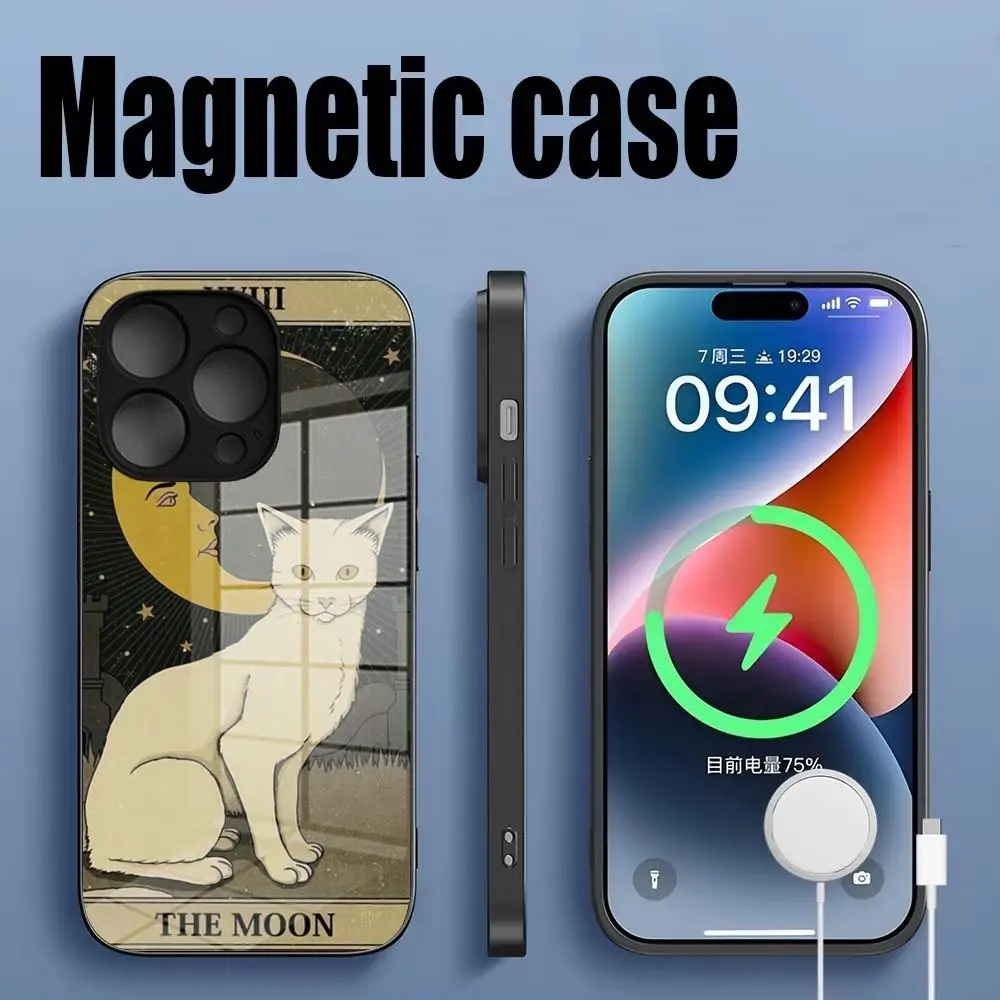 

Death Tarot Cat Phone Case Tempered Glass For IPhone 16 15 14 13 12 11 Pro Max Plus Magnetic charging phone case