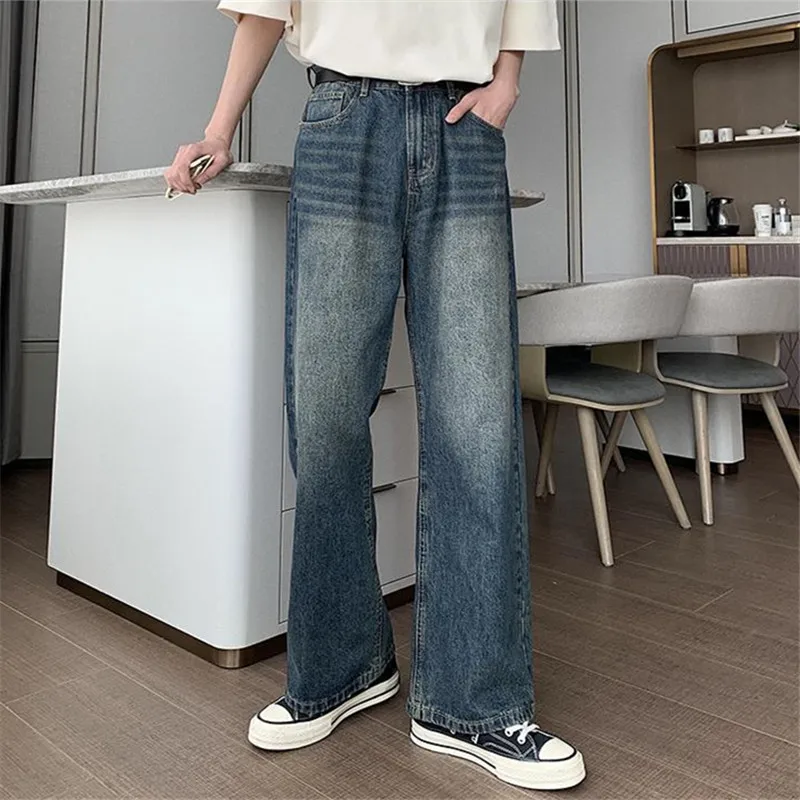 Blue High Street Fashion Jeans Men\'s Clothing Solid Color Wash Straight Leg Pants Button-pocket Loose Summer Trousers A054