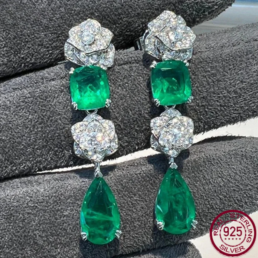 Yaranyan Vintage 925 Sterling Silver Emerald High Carbon Diamond Gemstone Flower Drop Dangle Earrings Fine Jewelry for Women