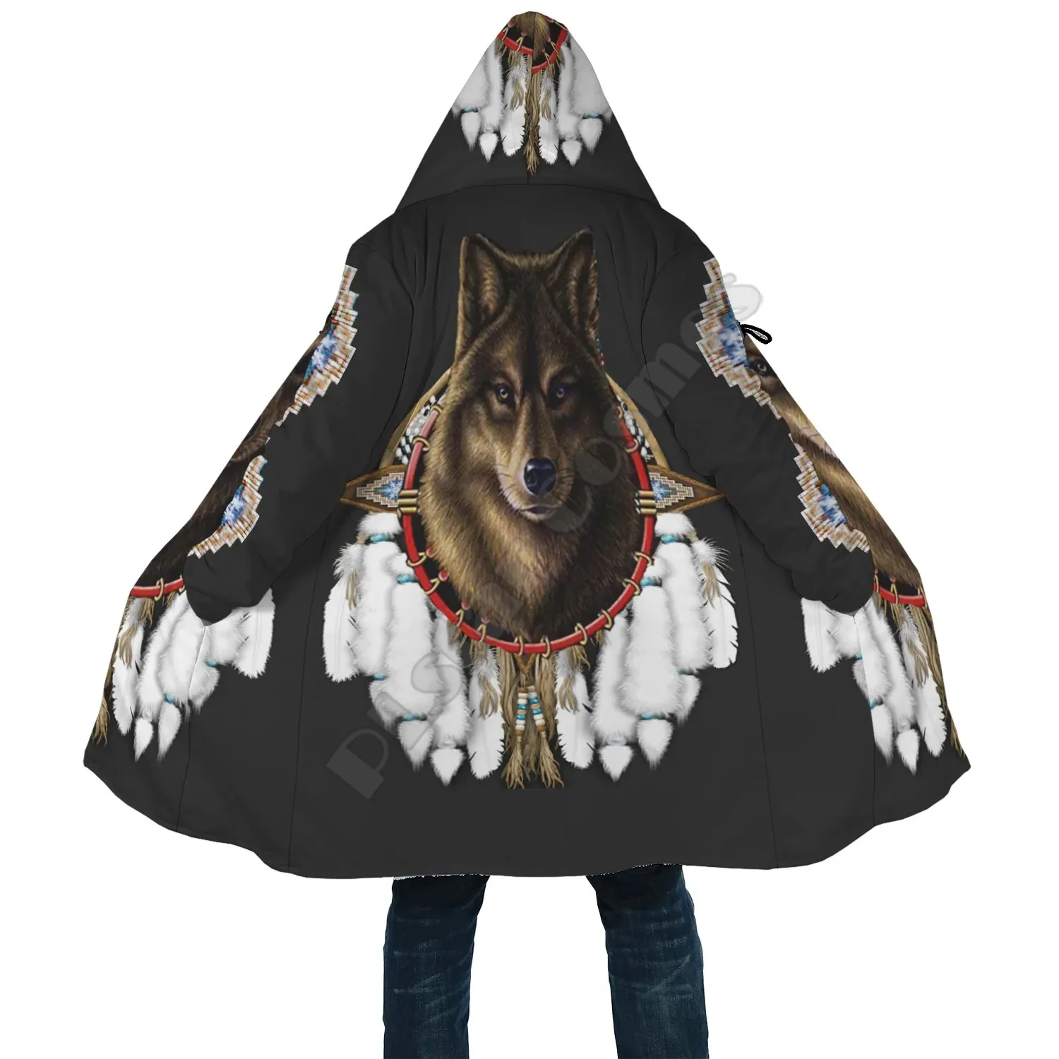 Turquoise Blue Pattern Breastplate Native American Cloak 3D Print Winter Hooded Cloaks Fleece Wind Breaker Unisex Warm Overcoat