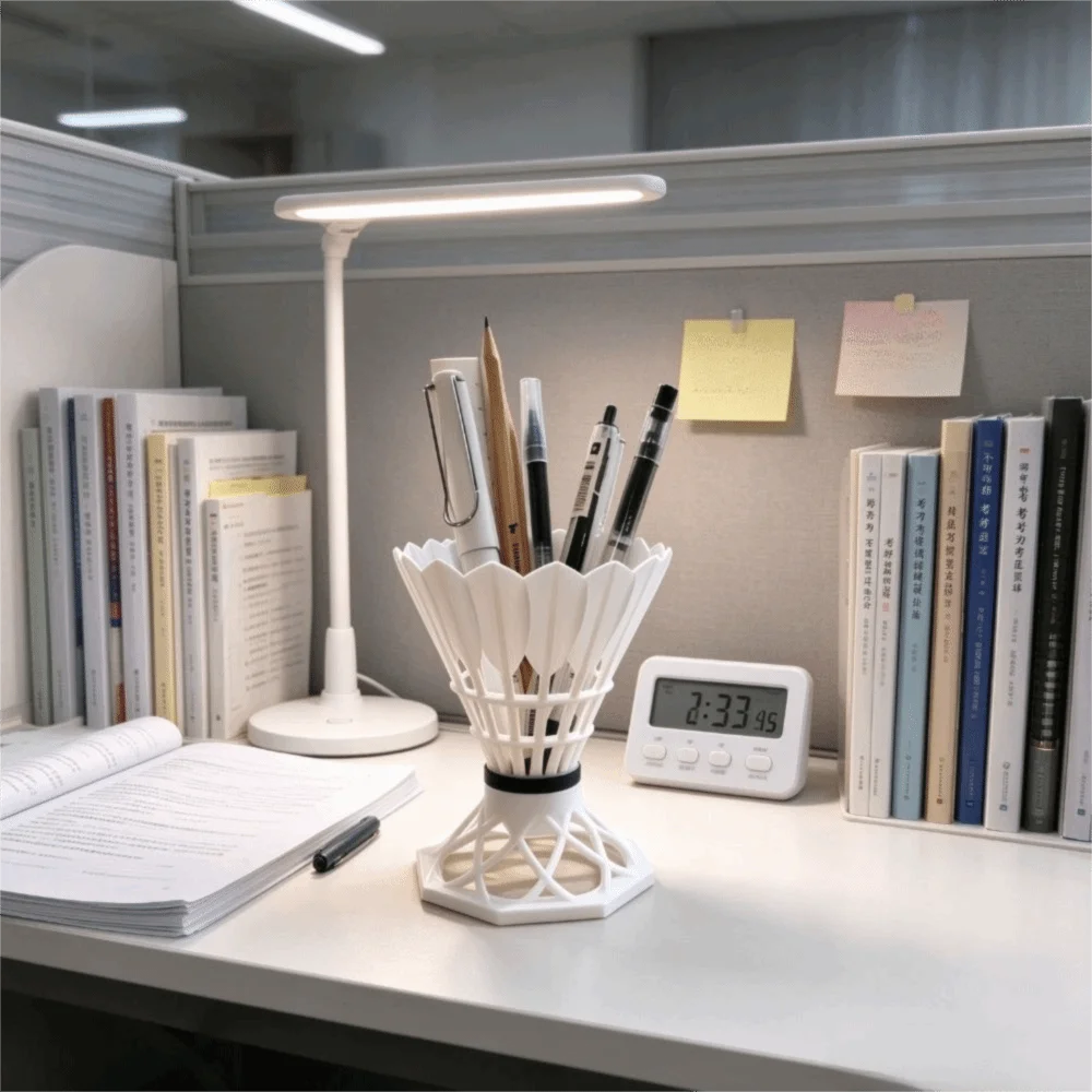 3D Printed Pen Holder Badminton-Shaped Hollow-Out Makeup Brush Holder Creative White Pencil Storage Container Dressing Tables