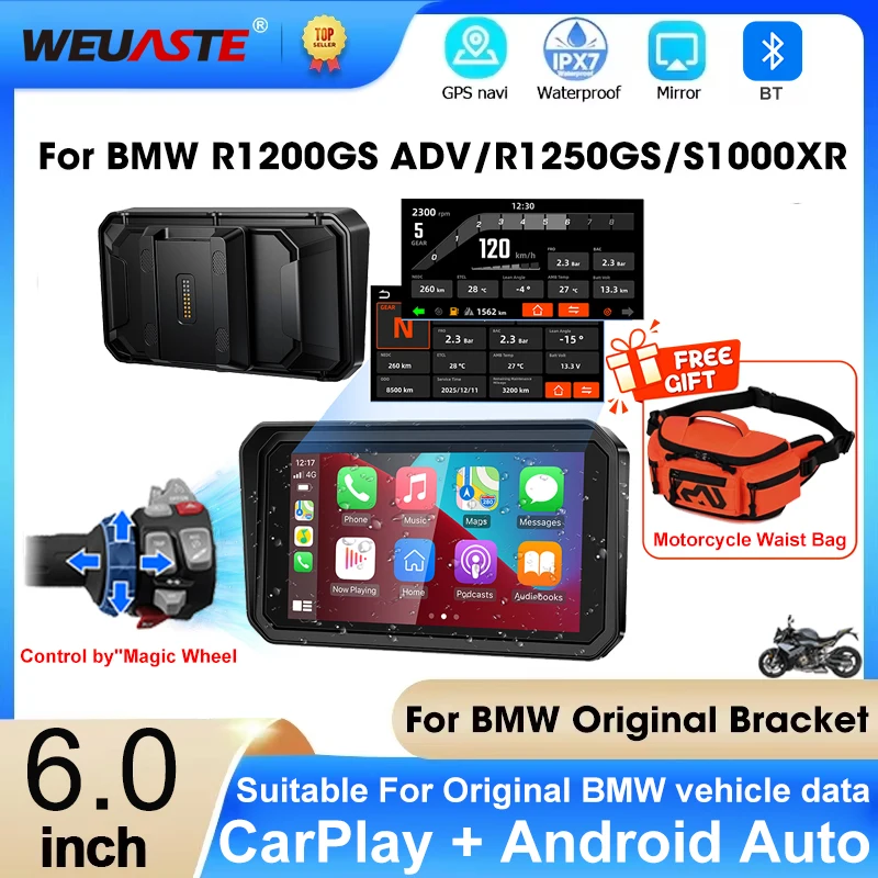 6 inch Motorcycle Screen Carplay Android Auto Moto GPS Navigation Portable Dashboard Motobike Waterproof For BMW R1200GS R1250GS