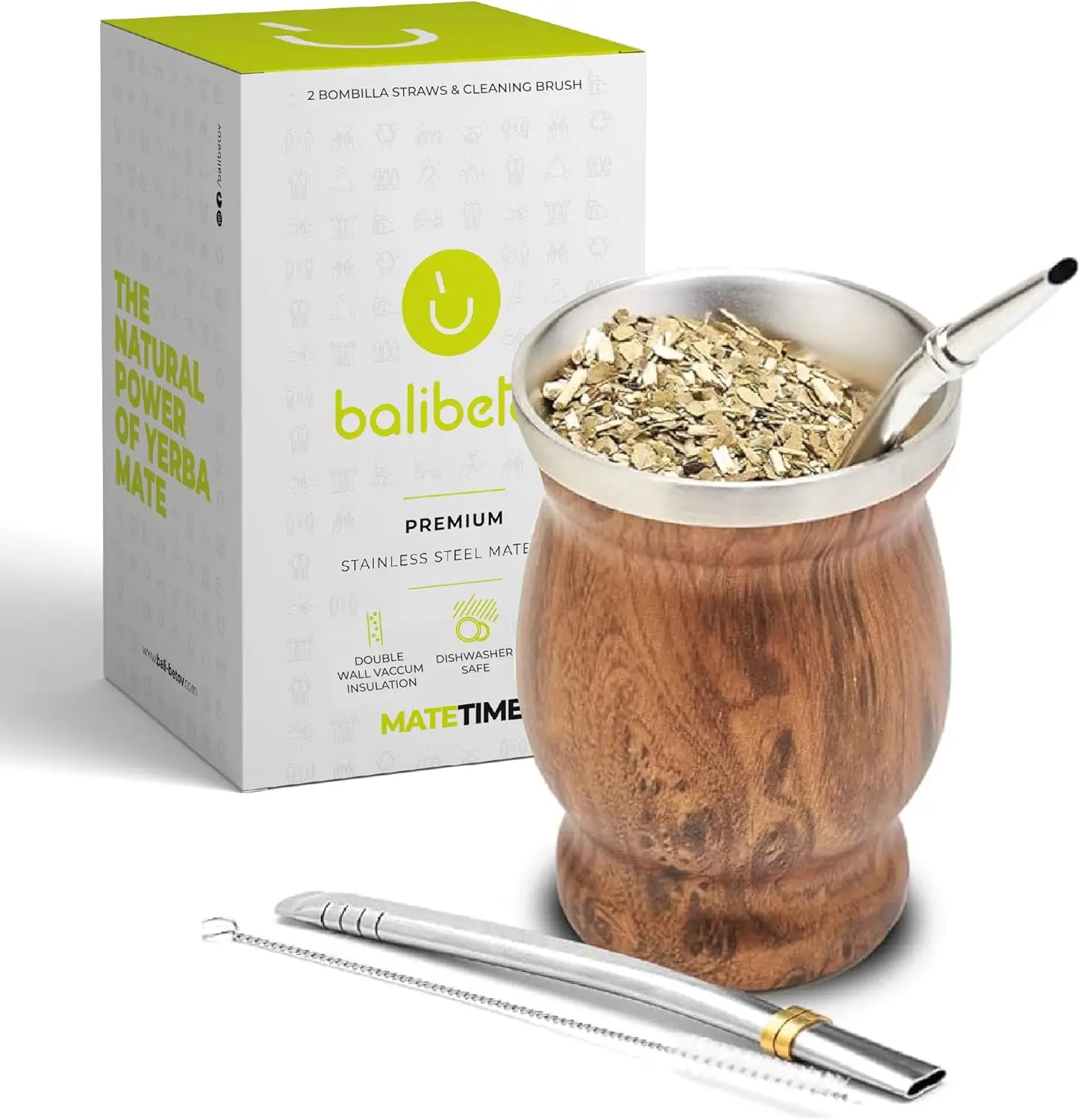 

Stainless Steel Double-Wall Mate Cup And Bombilla Set - Yerba Mate set Includes One Yerba Mate Cup, 2 Bombillas Mate (Straw) & B