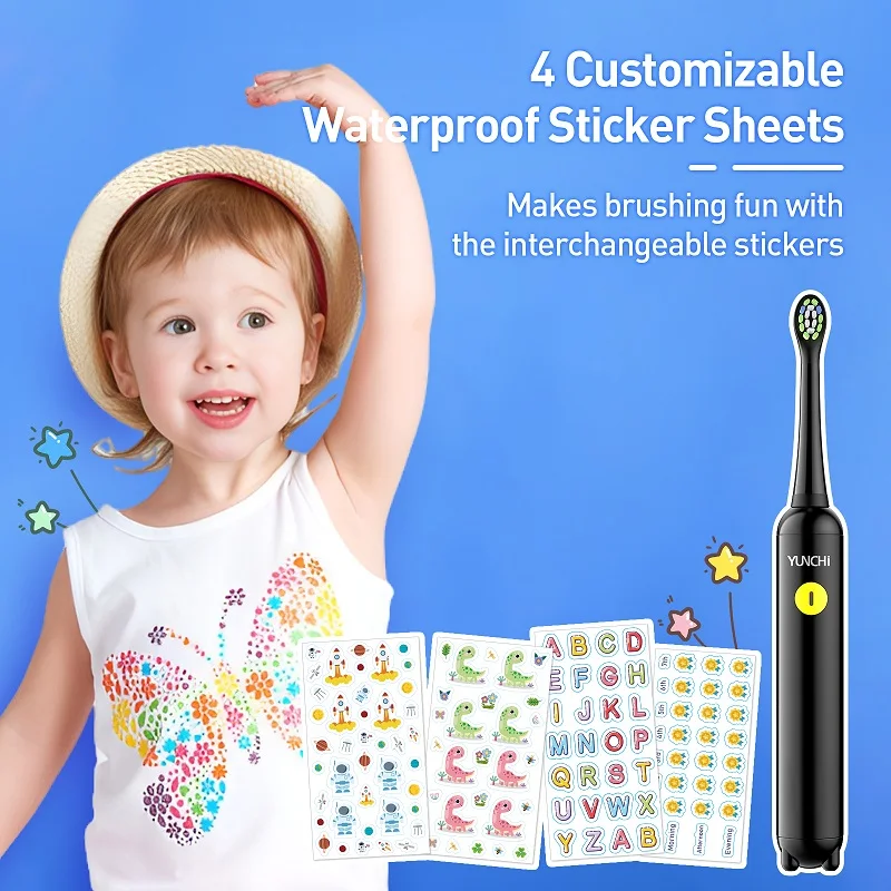 Детская электрическая звуковая зубная щетка Yunchi с 4 сменными насадками для наклеек, перезаряжаемая от USB, срок службы батареи 300 минут, IPX7, водонепроницаемая