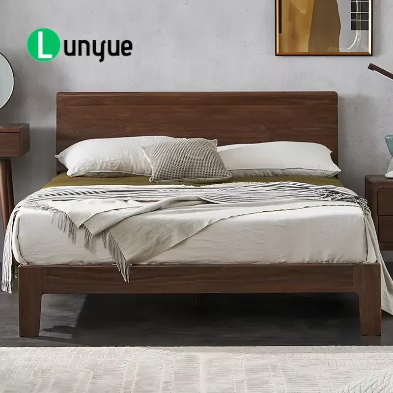 Contemporary Solid American Black Walnut Bed with LED Lights Luxury Bedroom Furniture Customizable Logo for Modern Home Decor