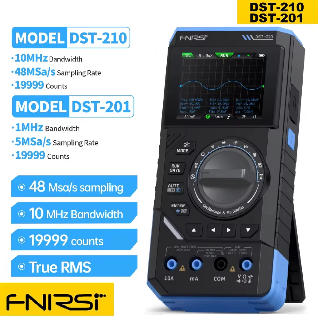 

Цифровой осциллограф-мультиметр FNIRSI DST-210 3-в-1, 19999 отсчетов, 10 МГц, 48 Мвыб/с, портативный автомобильный осциллограф, электрический инструмент