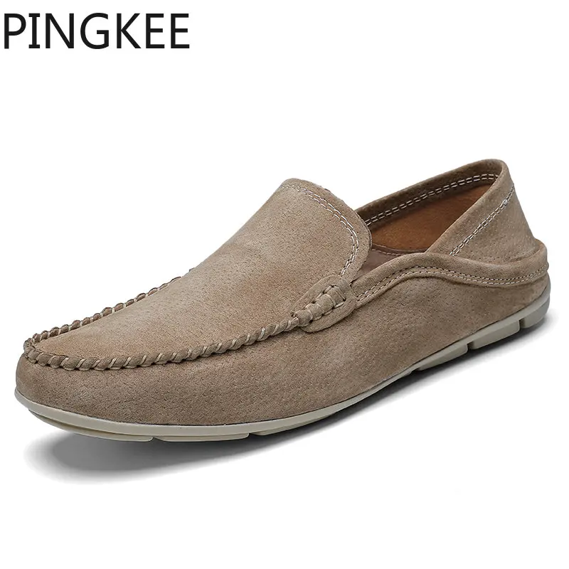 

PINGKEE Driving Slip On Men Loafer Moccasin Stitching Leather Synthetic Lining Upper Almond Shaped Toe Men Boat Driving Shoes