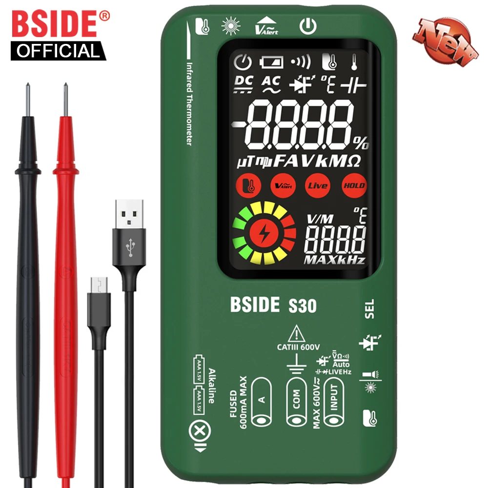 BSIDE.Digital Multimeter Smart Infrared Temperature 15V Diode LED Tester True RMS 9999 DC AC Voltage Rechargeable Multiteter DMM