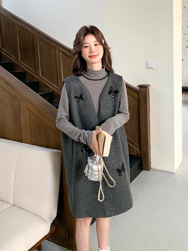 

Новый элегантный облегающий костюм-двойка с пайетками: жилет и юбка для женщин, весна-осень 2025, для офиса и повседневной носки