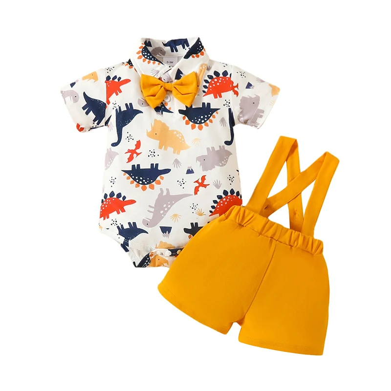 Infant Boy Summer Gentlemen Outfit 2pcs Dinosaur Print Short Sleeve Romper Lapel Bow Tie Bodysuit Suspender Shorts