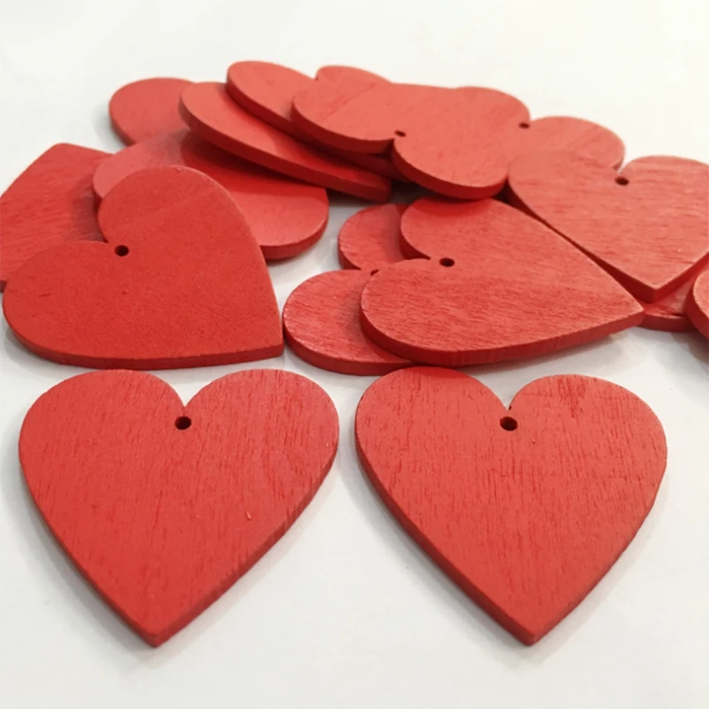 100Pcs Red Heart Wood Slices,Wooden Heart Hanging Embellishment For Valentine's Day, Wedding, Holiday Party Decor