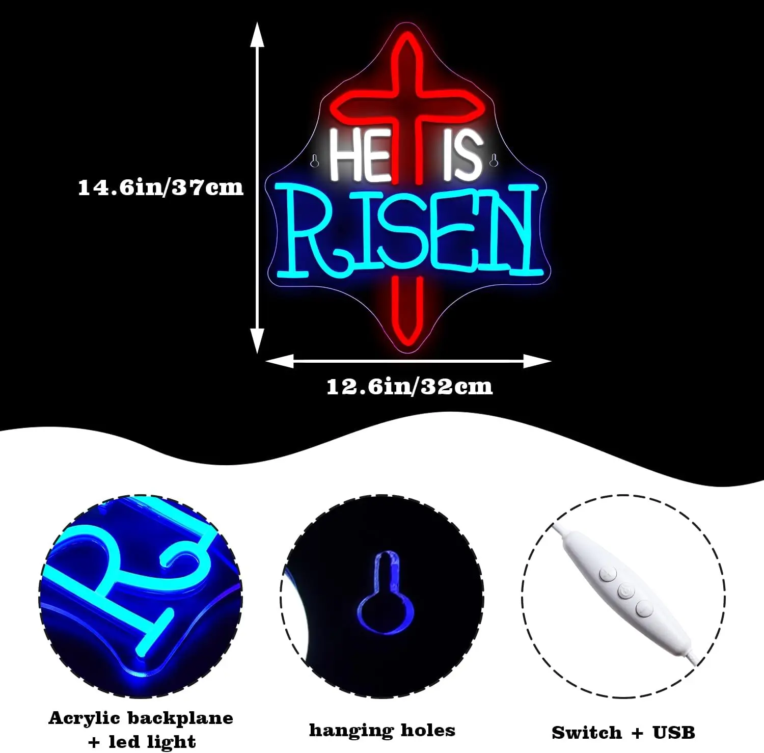 He Is Risen Neon Sign For Wall Decor Easter Halloween Led Lights Room Decoration For Bedroom Halloween Party Bar Club USB Lamp
