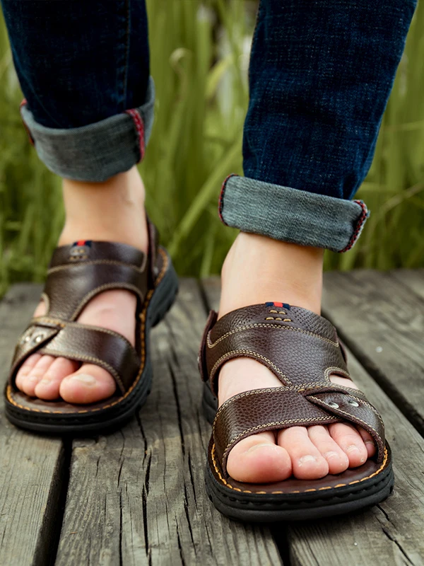 Men's Sandals 2025 New Thi Bot Leather Beach Summer Outdoor Wear Anti-slip Wear-resistant Two-use Slip-On oes Casual S...