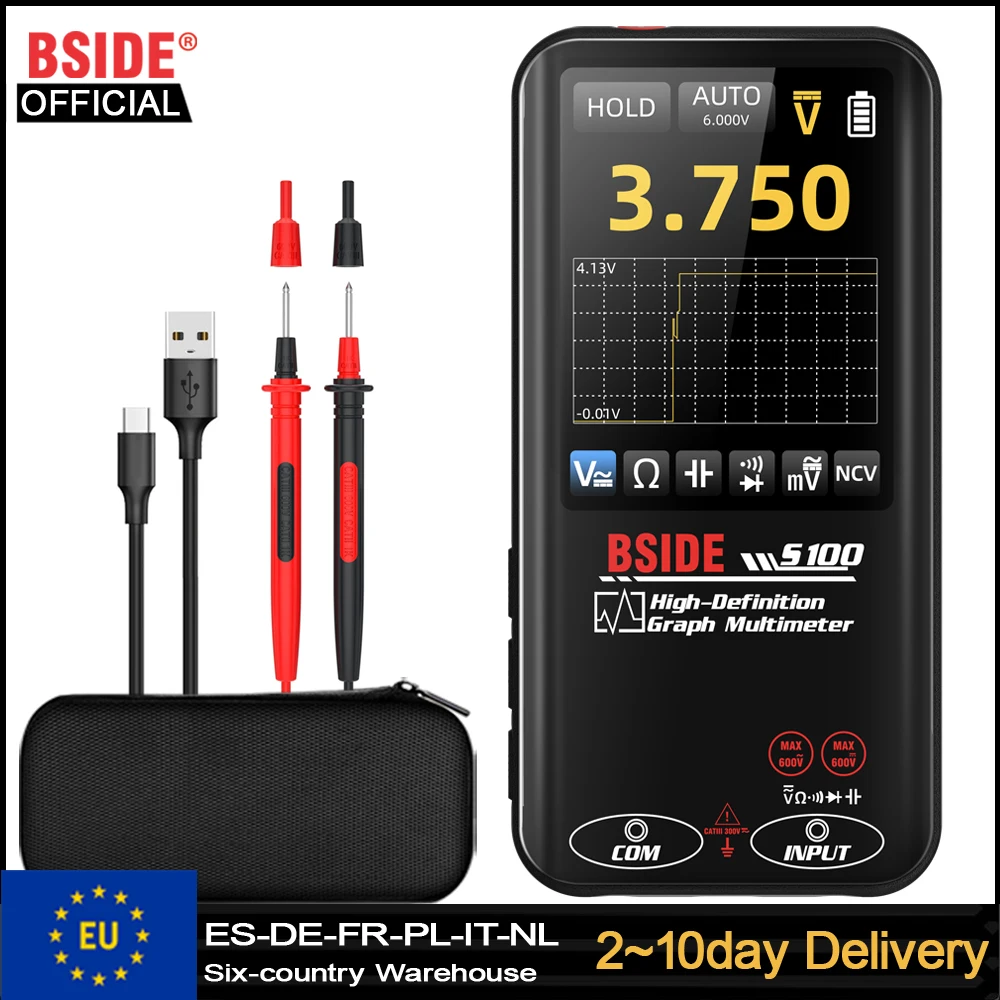 BSIDE Digitales Multimeter mit Datenaufzeichnung, 10.000 Messwerte, wiederaufladbar, True-RMS-Taschen-Voltmeter mit automatischer Bereichswahl und Farbdisplay, misst Kapazität, Diode, Durchgang, Ohm,