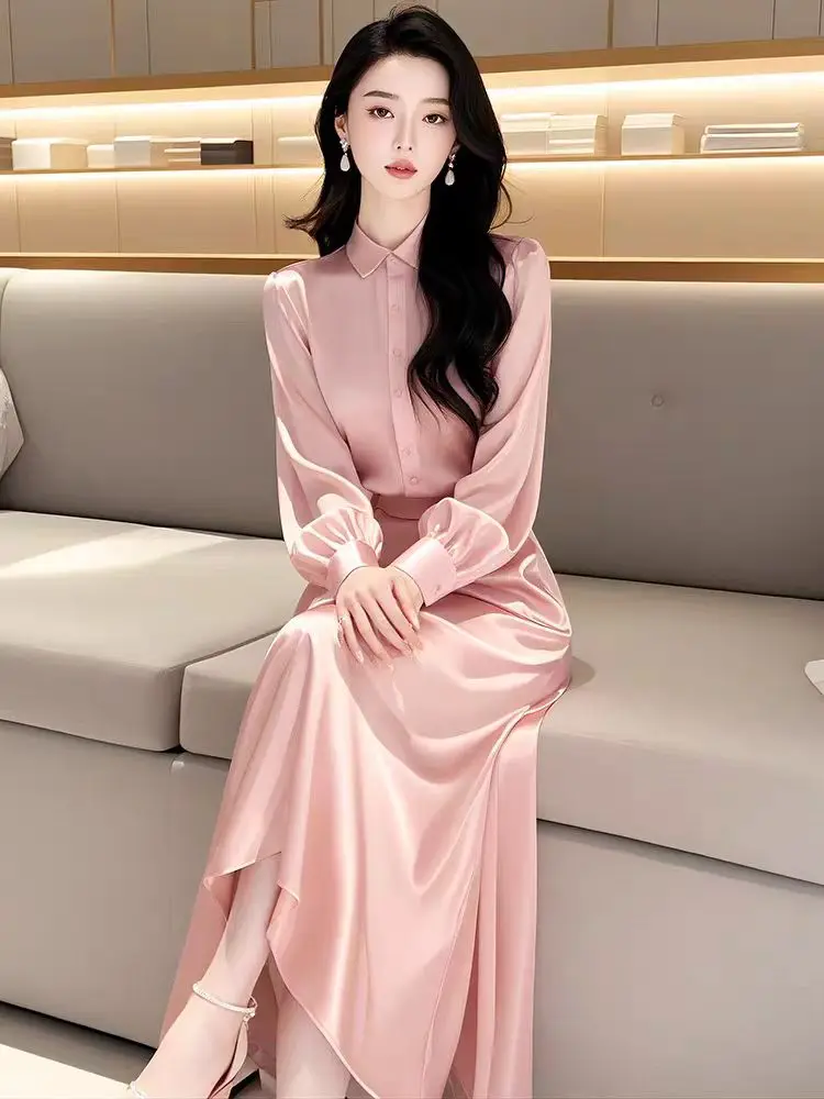 Elegant New Autumn Pink Satin Two Piece Set Fashion Women Lapel Single Breasted Puff Sleeve Shirt Tops + Long Party Skirt Suits