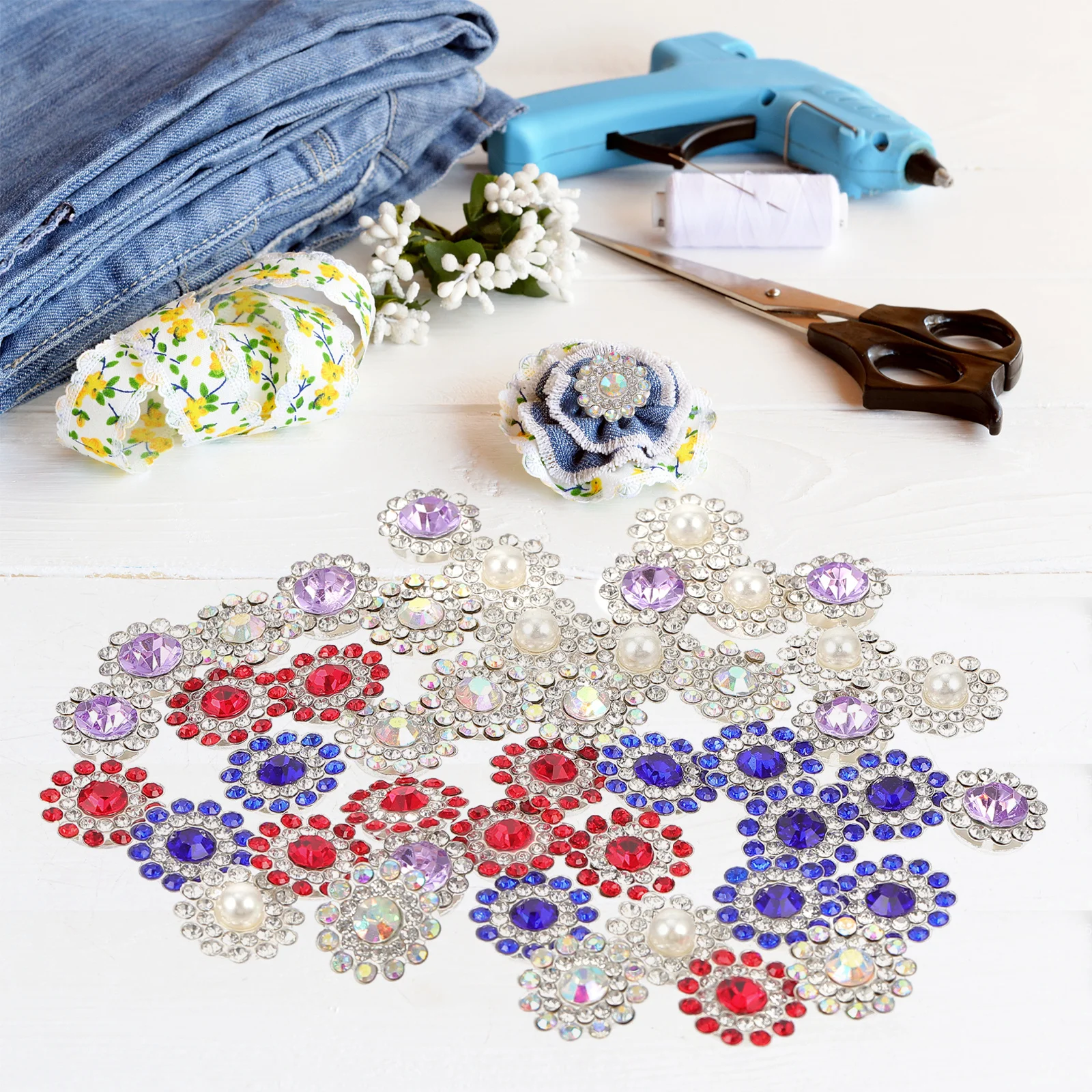

100pcs Water Drill Hair Ornament Accessories Iron Rhinestone Flower Buttons Craft Decor Wedding Party Gift Flatback Flower
