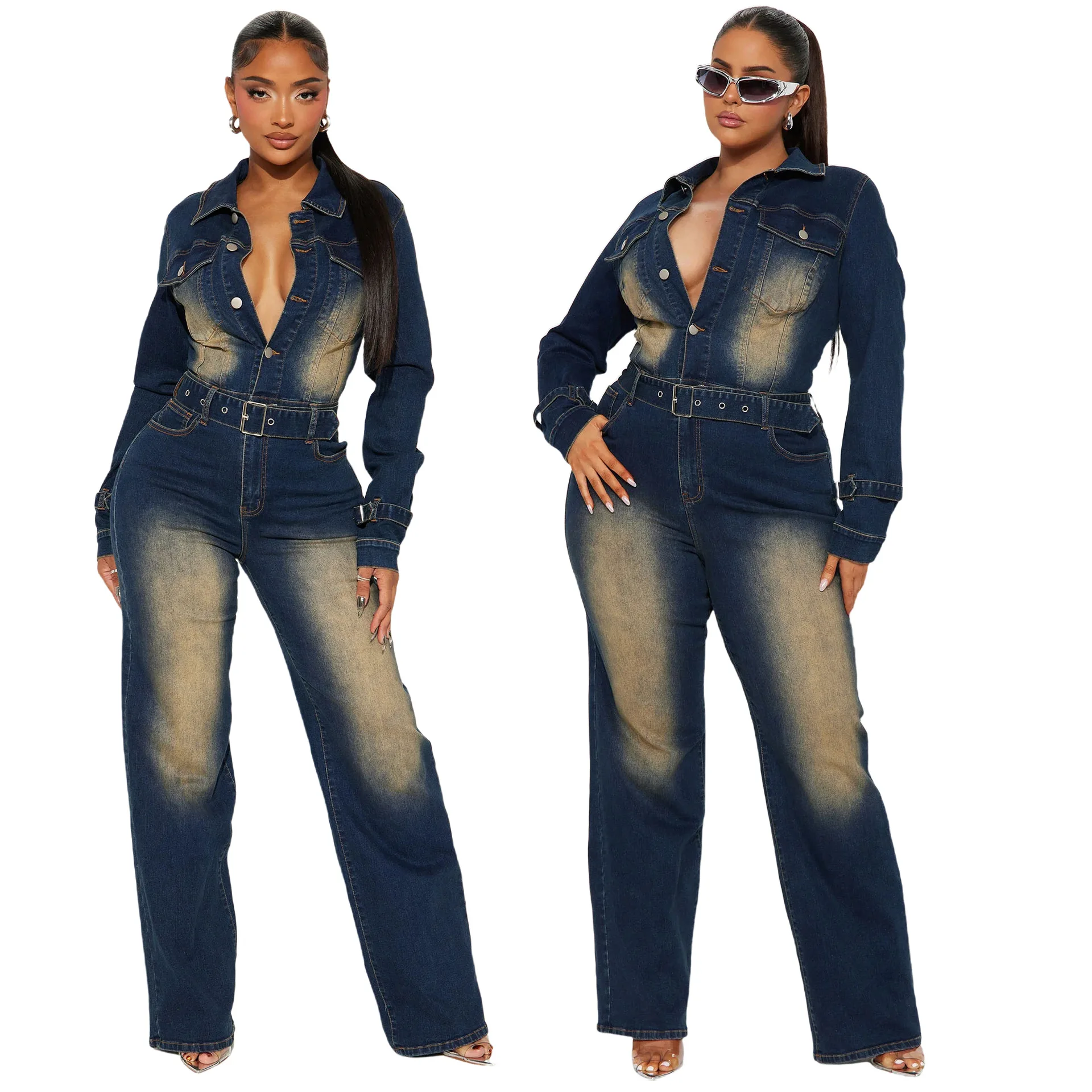 

2025 Stretchy Woman Jeans Water Washing Long-sleeved Denim Jumpsuit Fashionable Buttons Turn Down Neck Belt Cool Lady Rompers