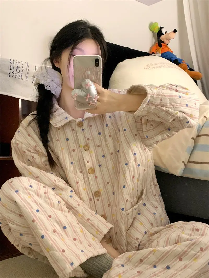 طقم ملابس منزلية نسائية من القطن السميك، ملابس منزلية غير رسمية دافئة للشتاء، طقم من قطعتين للطالبات، طباعة خريفية بأكمام طويلة