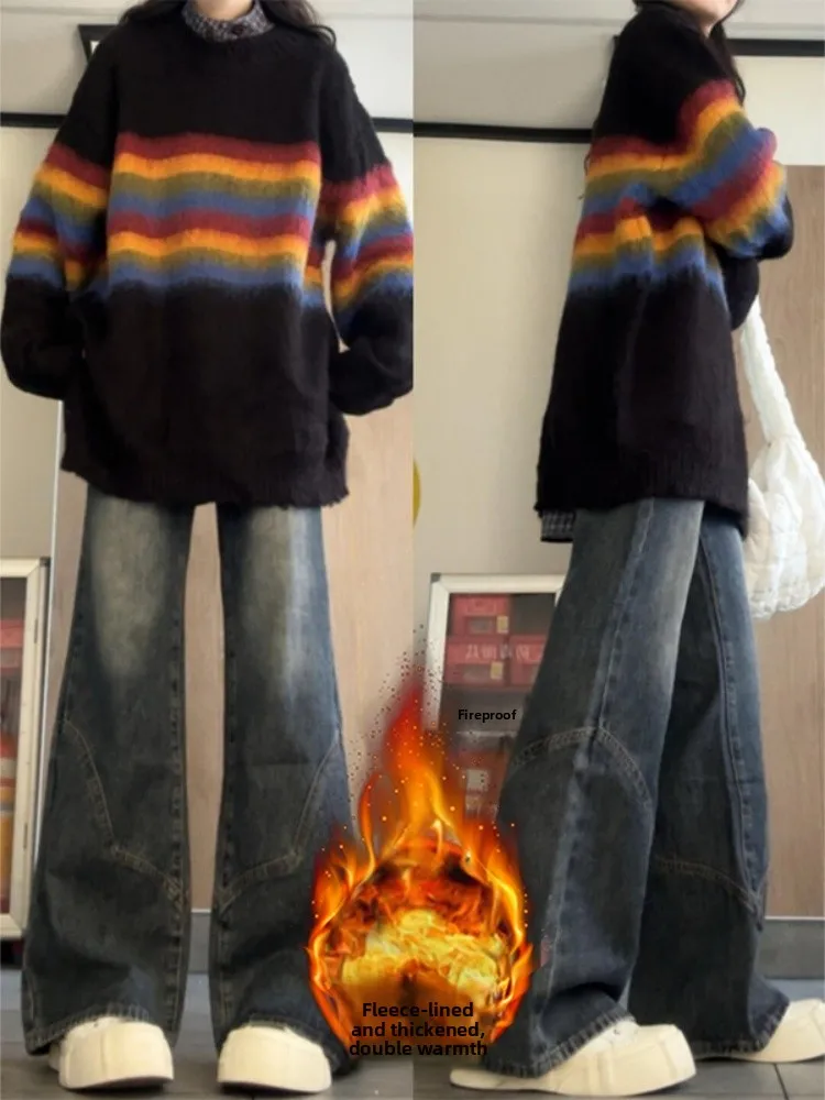 American Sle Thiened Fce Lined Straight Leg Jeans Women's Autumn Winter plus Size Loose Slimming Wide Leg Pants