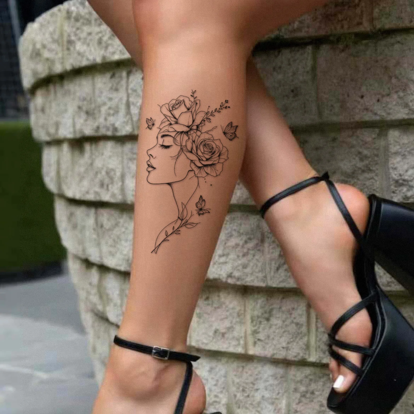 Tattoo Sticker Temporary Tattoo Waterproof Rose Goddess Side Face Pattern Body Art for Women Girls