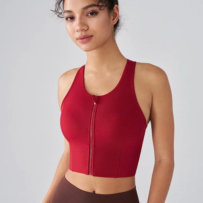 Women's Zip Front Sports Bra Top Built-in Padding Shockproof Push Up Naked Feel for Running Yoga Workout