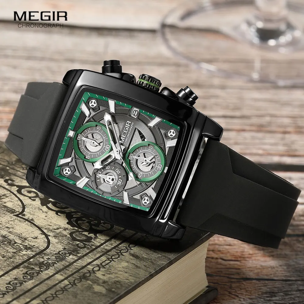 MEGIR Black Silicone Strap Quartz Watch for Men Rectangle Dial Waterproof Chronograph Sport Wristwatch with Luminous Hands Date