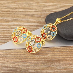 Nidin Ins Popular Fashion Creative Hollow Design Circle Colorful Zircon Necklace Earrings Luxury Party New Year Jewelry Sets